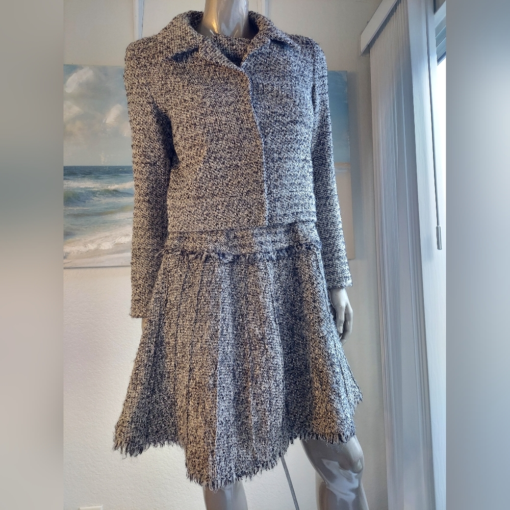 ^*□$3,900 OSCAR DE LA RENTA GREY WOOL TWEED SILK LINED RUNWAY DRESS JACKET SET 6